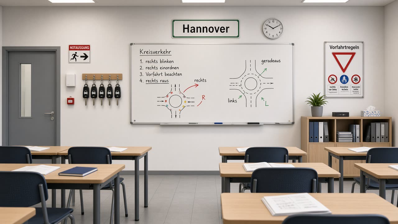 Theorieunterricht an der Tafel der Fahrschule Fahrspur, Lister Meile 44, Hannover